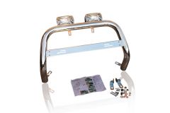 A Bar Bull Bar + 2 Rectangle Chrome Spots For Mitsubishi Pajero Shogun 2005 - 2015 with Detachable Center Logo Plate