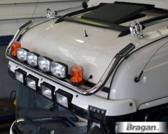 To Fit International 9900i Front Roof Light Bar Black Steel + Jumbo LED Spots Lamps + Amber Beacons